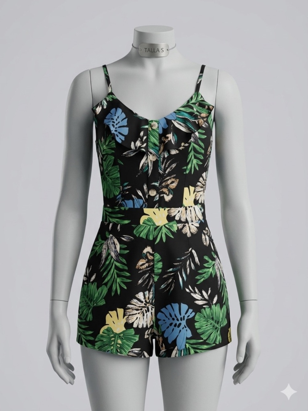 Tropical Print Black Romper with Green & Blue Leaves